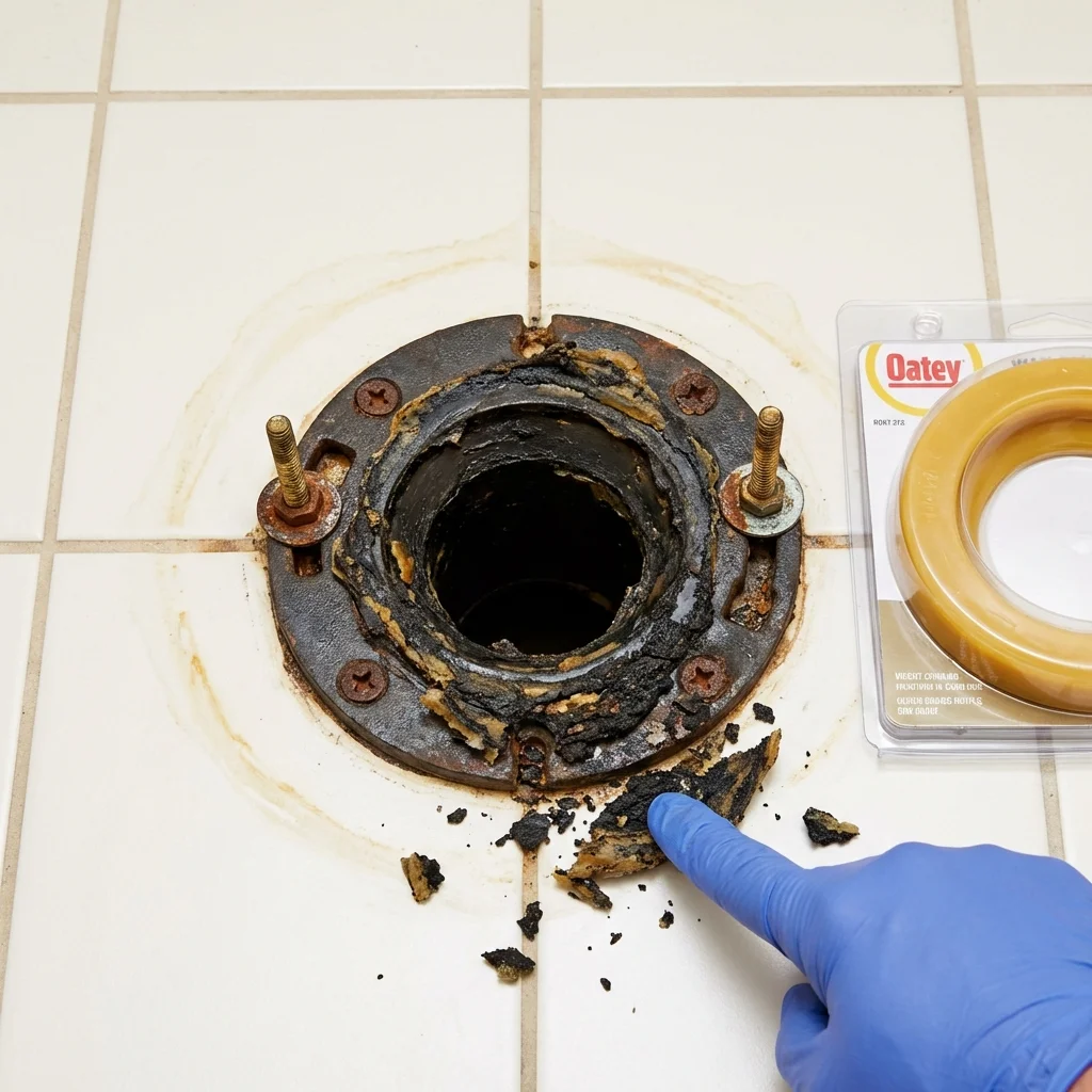 Failed wax ring showing water seepage at the base of a toilet in a Wellington, TX home